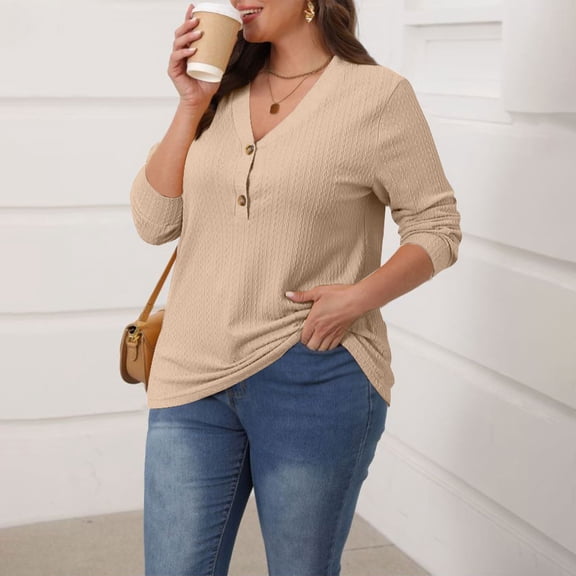 HLKJKLS Long Sleeve Shirts For Women Long Sleeve V Neck Button Down Solid Color Loose Casual Blouse Polyester Spring Brown S-5Xl
