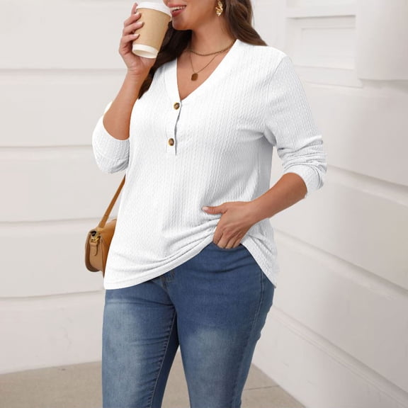 HLKJKLS Long Sleeve Shirts For Women Long Sleeve V Neck Button Down Solid Color Loose Casual Blouse Polyester Spring White S-5Xl