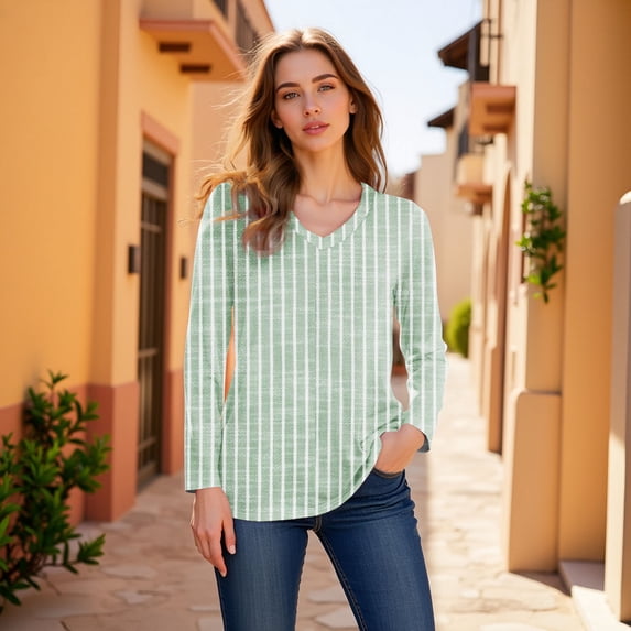 HLKJKLS Long Sleeve Shirts For Women Long Sleeve V Neck Casual Fashion T Shirt Polyester Spandex Comfortable Daily Wear Green S-Xxl