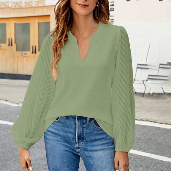 HLKJKLS Long Sleeve Shirts For Women Long Sleeve V Neck Flowy Chiffon Blouse Casual Business Work Loose Fit Green S-Xxl