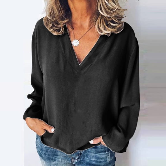 HLKJKLS Long Sleeve Shirts For Women Loose Classic Solid V Neck Chiffon Blouse Casual Woven Pit Strips Fabric Black S-5Xl