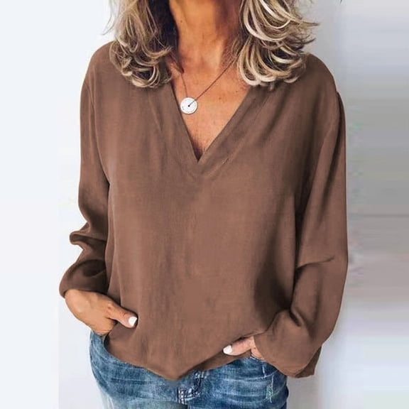 HLKJKLS Long Sleeve Shirts For Women Loose Classic Solid V Neck Chiffon Blouse Casual Woven Pit Strips Fabric Brown S-5Xl