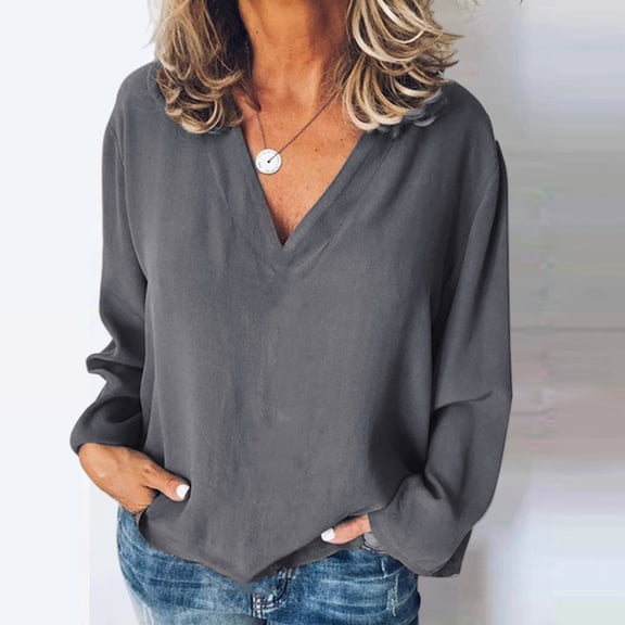 HLKJKLS Long Sleeve Shirts For Women Loose Classic Solid V Neck Chiffon Blouse Casual Woven Pit Strips Fabric Gray S-5Xl