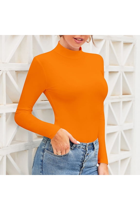Long Sleeve Shirts For Women Mock Turtle Neck Long Sleeve Basic Stretchy Underwear Layer Tee Polyester Soft Orange S-Xxl