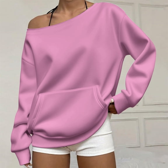 HLKJKLS Long Sleeve Shirts For Women Off The Shoulder Oversized Cute Hoodie With Pocket Fall Travel Plain Looped Pile Fabric Pink S-3Xl