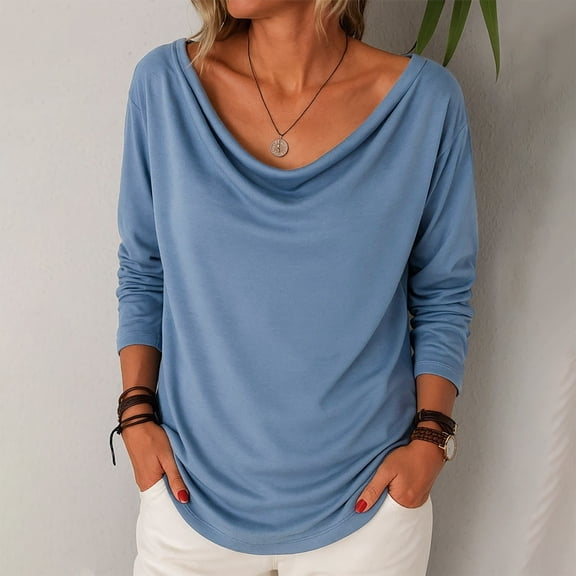 HLKJKLS Long Sleeve Shirts For Women Pile Collar Pullover Long Sleeve T Shirt Polyester Spandex Loose Casual Blue S-3Xl