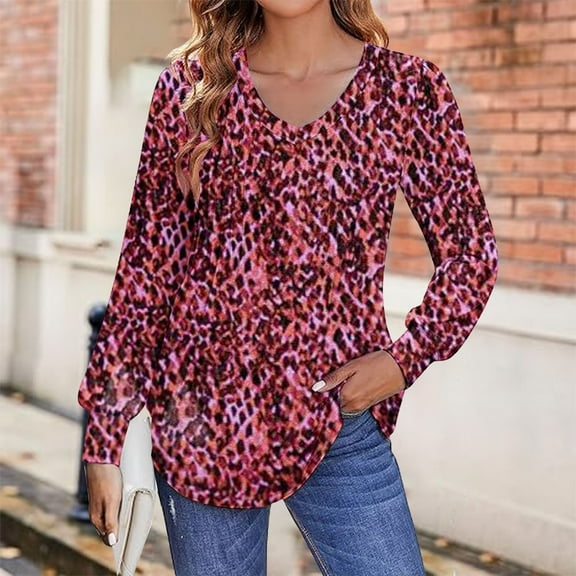 HLKJKLS Long Sleeve Shirts For Women Puff Long Sleeve Pleated V Neck Fall Blouse Loose Casual Polyester Spandex Red S-3Xl