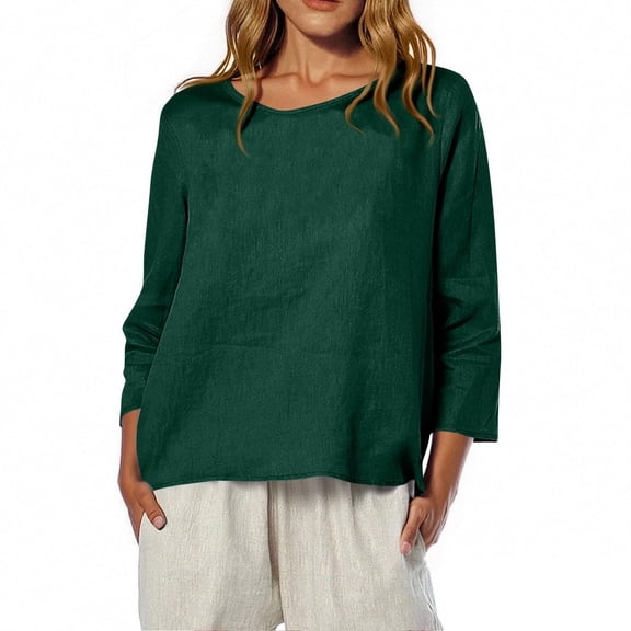 HLKJKLS Long Sleeve Shirts For Women Round Neck 3/4 Sleeves Printed Blouse T Shirt Casual Loose Fit Breathable Bamboo Hemp Stylish Black S-3Xl