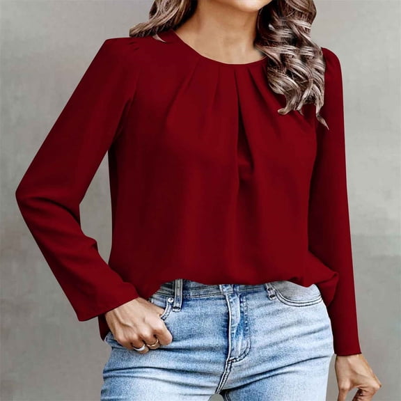 HLKJKLS Long Sleeve Shirts For Women Round Neck Wrinkled Casual Long Sleeve Shirt Polyester Fiber Breathable Loose Comfortable Trendy Red S-Xxl