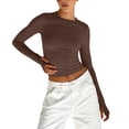 thumbnail image 1 of HLKJKLS Long Sleeve Shirts For Women Solid Crew Neck Long Sleeve Slim Fit Finger Button Tee Polyester Cotton Blend Brown S-L, 1 of 6