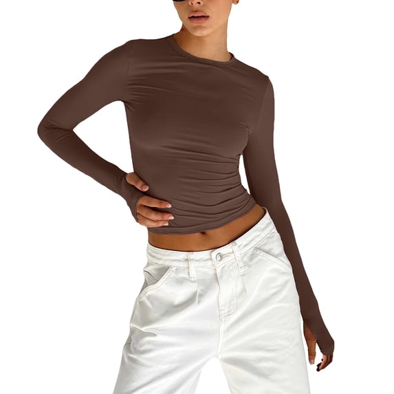 HLKJKLS Long Sleeve Shirts For Women Solid Crew Neck Long Sleeve Slim Fit Finger Button Tee Polyester Cotton Blend Brown S-L