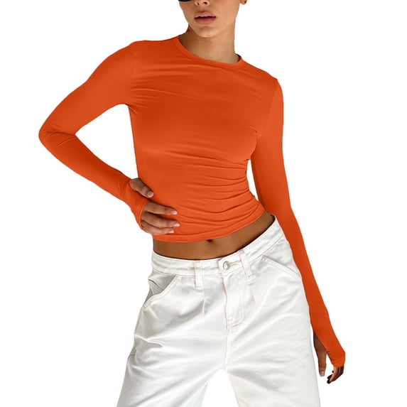 HLKJKLS Long Sleeve Shirts For Women Solid Crew Neck Long Sleeve Slim Fit Finger Button Tee Polyester Cotton Blend Orange S-L