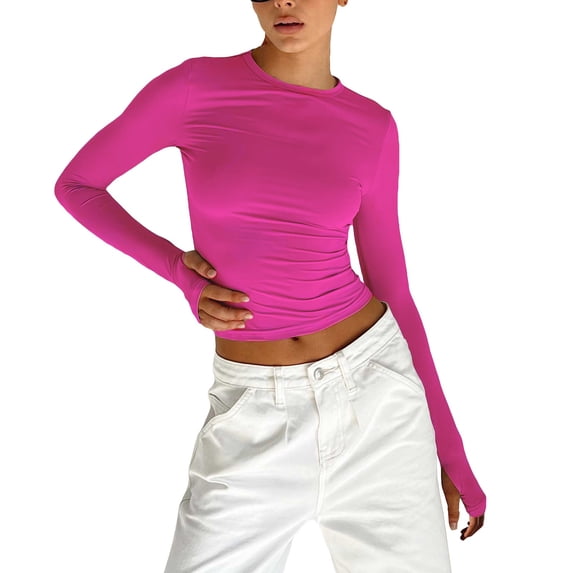HLKJKLS Long Sleeve Shirts For Women Solid Crew Neck Long Sleeve Slim Fit Finger Button Tee Polyester Cotton Blend Pink S-L