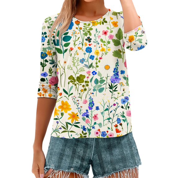 HLKJKLS Long Sleeve Shirts For Women Spring Print 3/4 Sleeve Round Neck Loose T Shirt Polyester Spandex Casual Fashion Green S-3Xl
