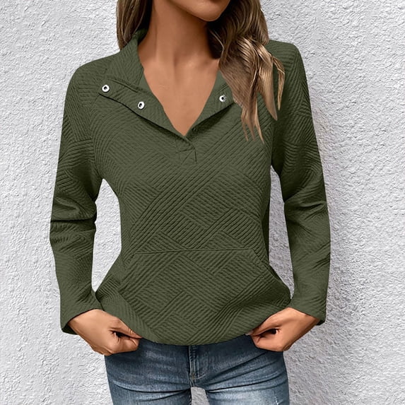 HLKJKLS Long Sleeve Shirts For Women Textured Long Sleeve Button V Neck Loose Pullover Sweatshirt Polyester Cotton Blend Green S-Xl
