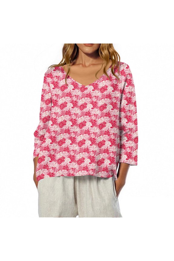 Long Sleeve Shirts For Women V Neck 3/4 Length Sleeve Winter Linen Print Blouse Soft Bamboo Hemp Casual Fashionable Pink S-3Xl