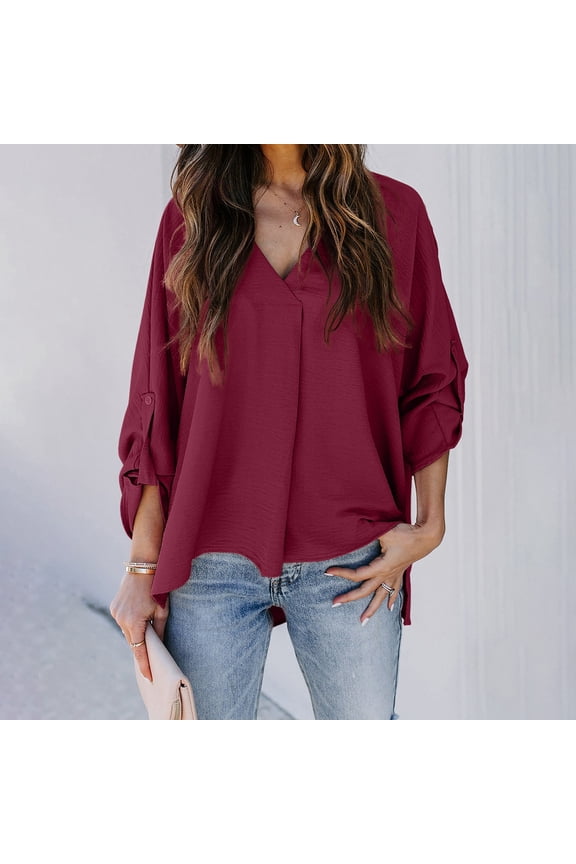 Long Sleeve Shirts For Women V Neck Loose Cloak Shirt For Work Casual Short Sleeve Bubble Wrinkles Fabric Blouse Red S-Xxl