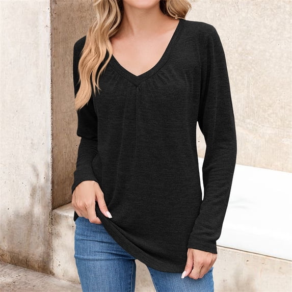 HLKJKLS Long Sleeve Shirts For Women V Neck Short Long Sleeve Casual Soft Solid Basic Tee Polyester Spandex Cotton Black S-Xxl