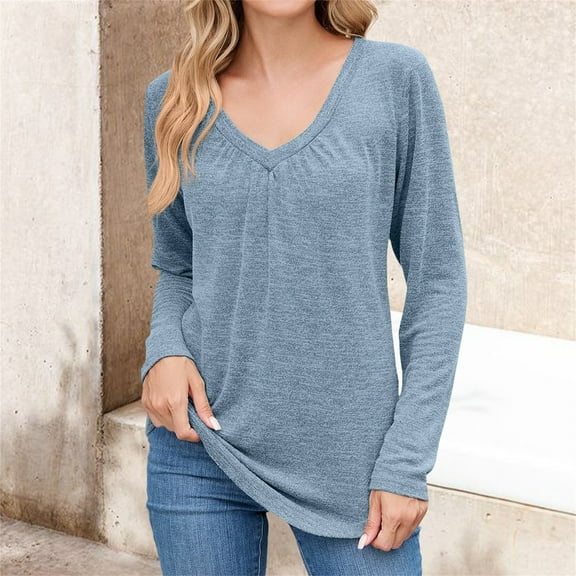 HLKJKLS Long Sleeve Shirts For Women V Neck Short Long Sleeve Casual Soft Solid Basic Tee Polyester Spandex Cotton Blue S-Xxl