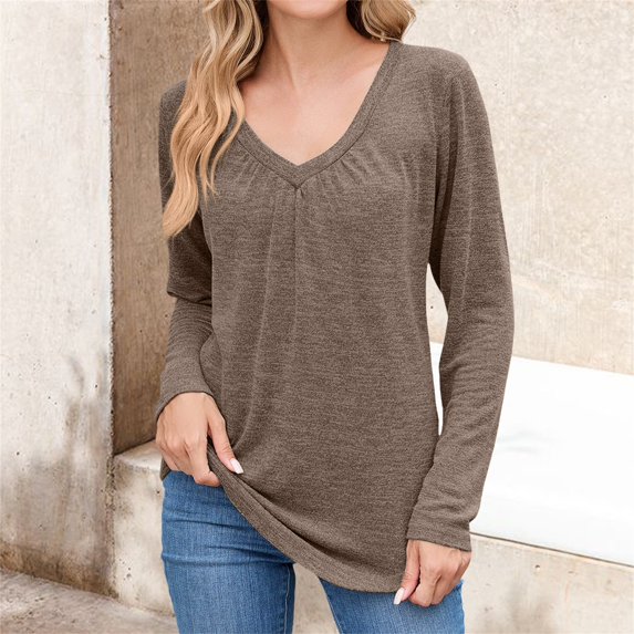HLKJKLS Long Sleeve Shirts For Women V Neck Short Long Sleeve Casual Soft Solid Basic Tee Polyester Spandex Cotton Brown S-Xxl