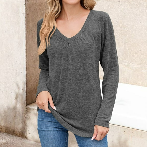 HLKJKLS Long Sleeve Shirts For Women V Neck Short Long Sleeve Casual Soft Solid Basic Tee Polyester Spandex Cotton Gray S-Xxl