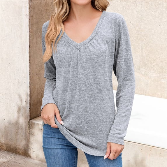 HLKJKLS Long Sleeve Shirts For Women V Neck Short Long Sleeve Casual Soft Solid Basic Tee Polyester Spandex Cotton Multicolor S-Xxl