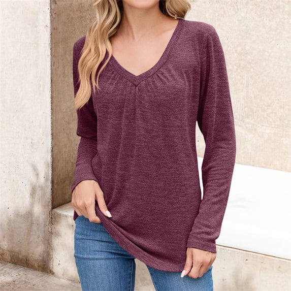 HLKJKLS Long Sleeve Shirts For Women V Neck Short Long Sleeve Casual Soft Solid Basic Tee Polyester Spandex Cotton Red S-Xxl