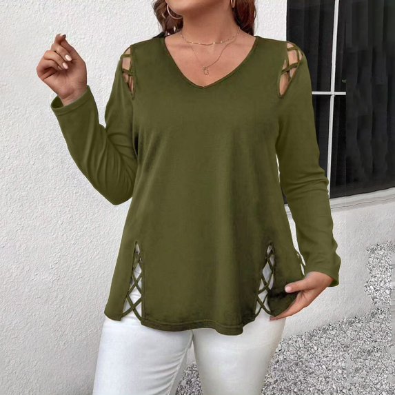 HLKJKLS Long Sleeve Shirts For Women V Neck Strap Cutout Long Sleeve T Shirt Loose Fit Soft Breathable Polyester Spandex Fabric Black Xl-5Xl