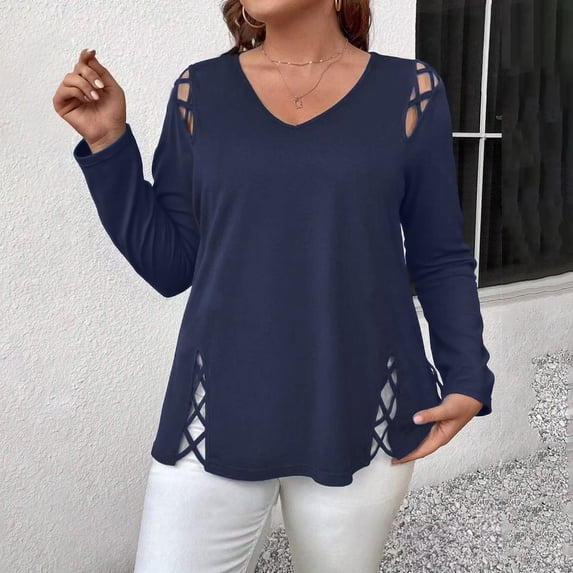 HLKJKLS Long Sleeve Shirts For Women V Neck Strap Cutout Long Sleeve T Shirt Loose Fit Soft Breathable Polyester Spandex Fabric Blue Xl-5Xl