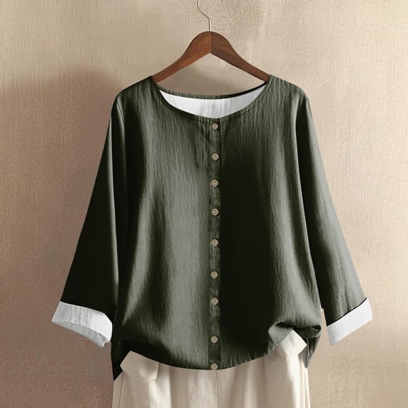 HLKJKLS Long Sleeve Shirts For Women Long Sleeve Button Printed V Neck Blouse Cotton Blend Breathable Comfortable Casual Elegant Bamboo Hemp Brown S-Xxl