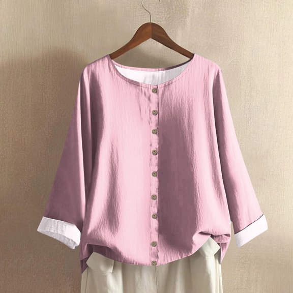 HLKJKLS Long Sleeve Shirts For Women Long Sleeve Button Printed V Neck Blouse Cotton Blend Breathable Comfortable Casual Elegant Bamboo Hemp Pink S-Xxl