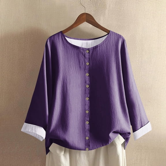 HLKJKLS Long Sleeve Shirts For Women Long Sleeve Button Printed V Neck Blouse Cotton Blend Breathable Comfortable Casual Elegant Bamboo Hemp Purple S-Xxl