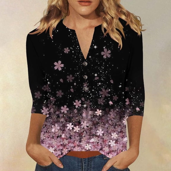 HLKJKLS Long Sleeve Shirts For Women Winter Printed 3/4 Short Sleeve V Neck Blouse T Shirt Casual Loose Fit Breathable Comfortable Polyester Spandex Black S-3Xl