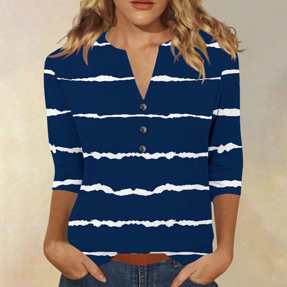 HLKJKLS Long Sleeve Shirts For Women Winter Printed 3/4 Short Sleeve V Neck Blouse T Shirt Casual Loose Fit Breathable Comfortable Polyester Spandex Blue S-3Xl