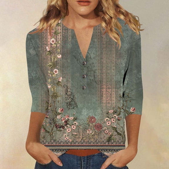 HLKJKLS Long Sleeve Shirts For Women Winter Printed 3/4 Short Sleeve V Neck Blouse T Shirt Casual Loose Fit Breathable Comfortable Polyester Spandex Green S-3Xl