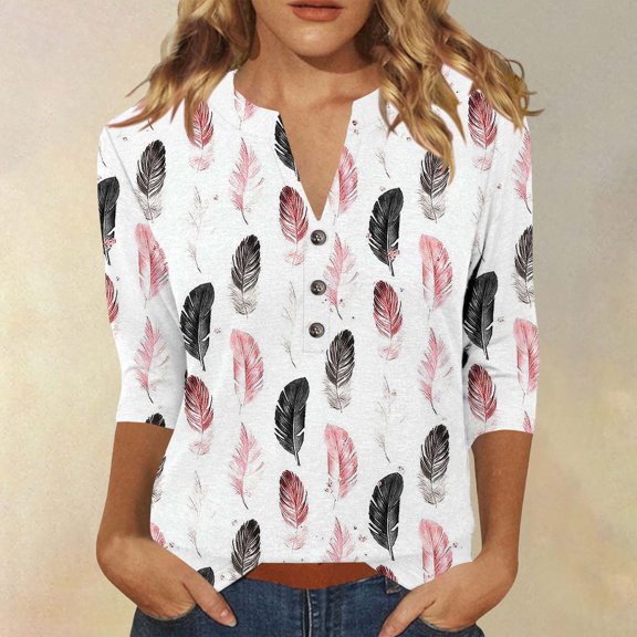 HLKJKLS Long Sleeve Shirts For Women Winter Printed 3/4 Short Sleeve V Neck Blouse T Shirt Casual Loose Fit Breathable Comfortable Polyester Spandex White S-3Xl