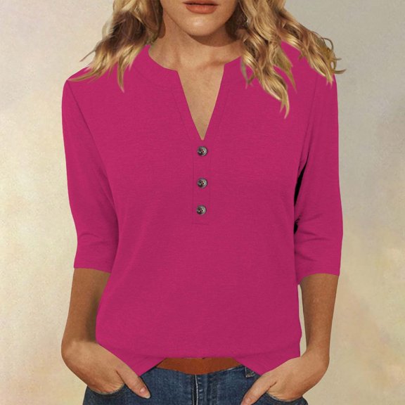 HLKJKLS Long Sleeve Shirts For Women Winter Solid Color 3/4 Short Sleeve V Neck Blouse T Shirt Casual Loose Fit Breathable Comfortable Polyester Spandex Pink S-3Xl
