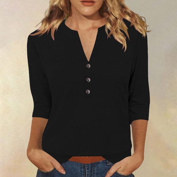 HLKJKLS Long Sleeve Shirts For Women Winter Solid Color 3/4 Short Sleeve V Neck Blouse T Shirt Casual Loose Fit Breathable Comfortable Polyester Spandex Black S-3Xl