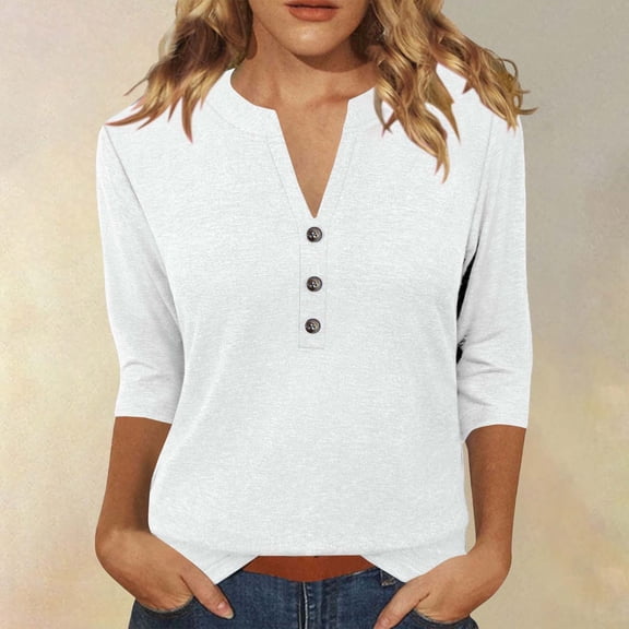HLKJKLS Long Sleeve Shirts For Women Winter Solid Color 3/4 Short Sleeve V Neck Blouse T Shirt Casual Loose Fit Breathable Comfortable Polyester Spandex White S-3Xl