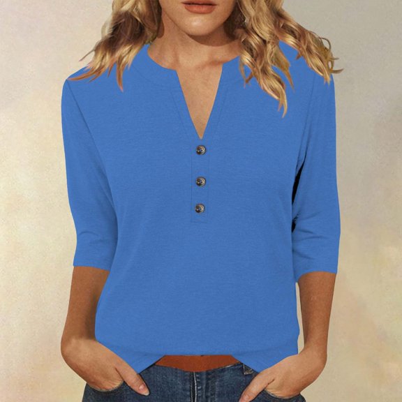 HLKJKLS Long Sleeve Shirts For Women Winter Solid Color 3/4 Short Sleeve V Neck Blouse T Shirt Casual Loose Fit Breathable Comfortable Polyester Spandex Blue S-3Xl