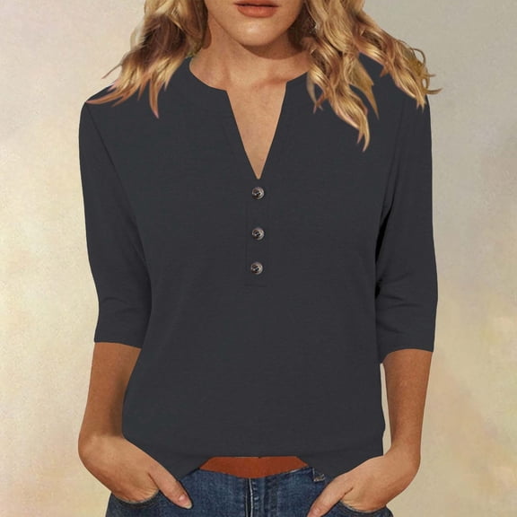 HLKJKLS Long Sleeve Shirts For Women Winter Solid Color 3/4 Short Sleeve V Neck Blouse T Shirt Casual Loose Fit Breathable Comfortable Polyester Spandex Gray S-3Xl