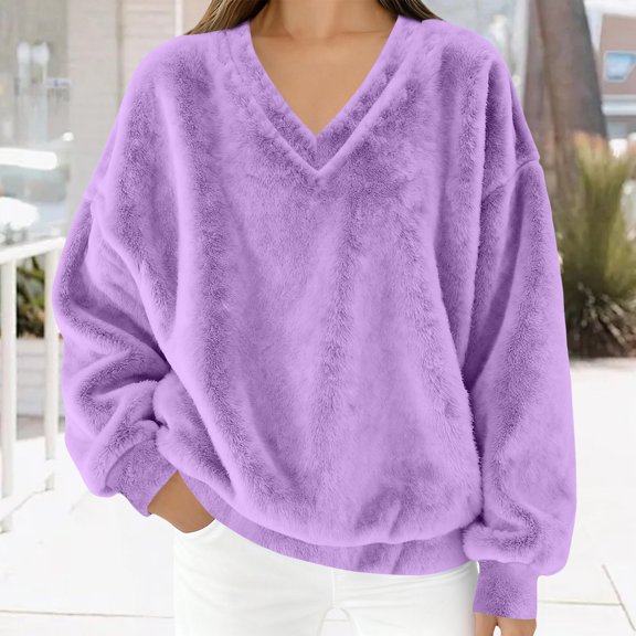 HLKJKLS Oversized Sweatshirt For Women Fashion Casual Solid Color Flannel V Neck Long Sleeve Top Sweatshirt Purple S-3Xl