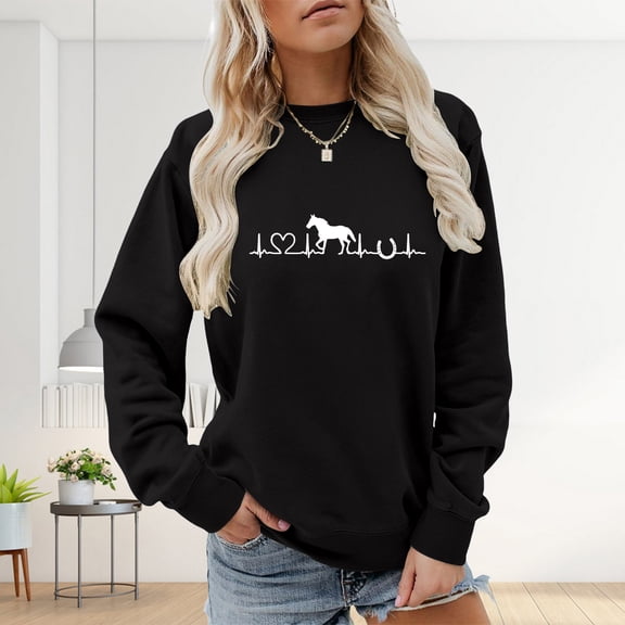 HLKJKLS Oversized Sweatshirt For Women Horse Heartbeat Graphic Sweatshirt Long Sleeve Crew Neck Pullover Tops Horse Lover Black S-3Xl