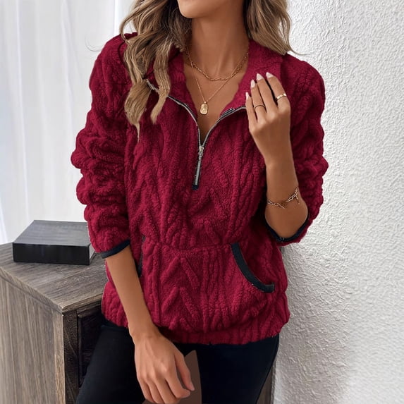 HLKJKLS Oversized Sweatshirt For Women Lapel Half Zipper Plush Pocket Hooded Sweatshirt Red S-Xxl