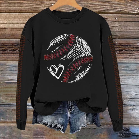 HLKJKLS Oversized Sweatshirt For Women Spring Baseball Print Crew Neck Loose Casual Hoodie Top Black S-Xxl