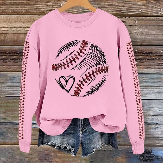 HLKJKLS Oversized Sweatshirt For Women Spring Baseball Print Crew Neck Loose Casual Hoodie Top Pink S-Xxl