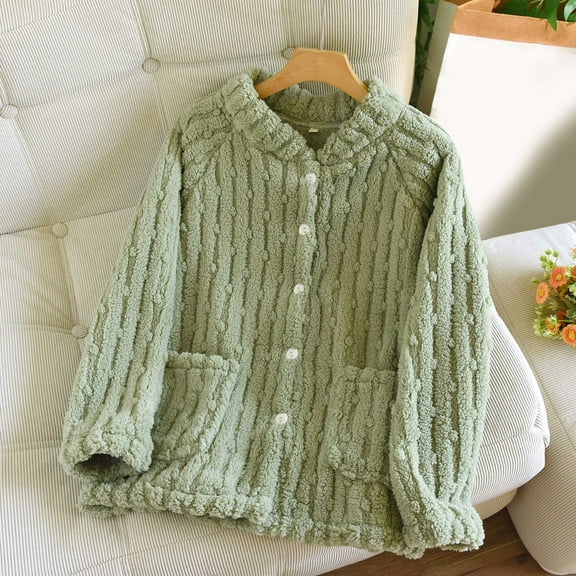 HLKJKLS Pajamas For Women Set Autumn Winter Warm Coral Fleece Flannel Oversized Cardigan Single Piece Top Soft Cozy Home Sleepwear Green M-Xl