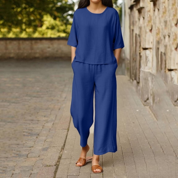 HLKJKLS Pajamas For Women Set Breathable Cotton And Linen Pajama Set Loose Wide Leg Pants Two Piece Comfortable Home Wear Blue M-4Xl