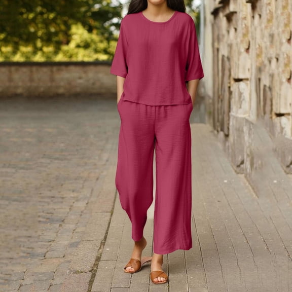 HLKJKLS Pajamas For Women Set Breathable Cotton And Linen Pajama Set Loose Wide Leg Pants Two Piece Comfortable Home Wear Red M-4Xl