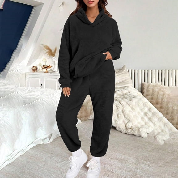 HLKJKLS Pajamas For Women Set Hooded Long Sleeve 2 Piece Set Solid Color Polyester Warm Loose Autumn Winter Long Pants Home Wear Black Xs-6Xl